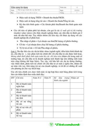 CÈm nang tÝn dông Phiªn b¶n 1.0
Mét sè quy tr×nh cho vay ®Æc biÖtPhÇn Ngµy 3/9/2004
Môc Quy tr×nh cho vay ®Çu t− dù ¸n: Trang 7
HiÖu suÊt sö dông TSC§ = Doanh thu thuÇn/TSC§.
HiÖu suÊt sö dông tæng tµi s¶n = Doanh thu thuÇn/Tæng tµi s¶n.
Kú thu tiÒn b×nh qu©n = C¸c kho¶n ph¶i thu/Doanh thu b×nh qu©n mét
ngµy
• C¸c chØ tiªu vÒ ph©n phèi lîi nhuËn, cßn gäi lµ c¸c tû suÊt gi¸ trÞ thÞ tr−êng
(market value ratios) cho thÊy doanh nghiÖp ®−îc c¸c nhµ ®Çu t− ®¸nh gi¸ ë
møc ®é nh− thÕ nµo. Tuy nhiªn nhãm chØ tiªu nµy chØ ®−îc ¸p dông víi c¸c
doanh nghiÖp ®· cæ phÇn ho¸:
Thu nhËp cæ phÇn = Lîi nhuËn sau thuÕ/Sè l−îng cæ phiÕu th−êng.
Cæ tøc = Lîi nhuËn ®em chia/ Sè l−îng cæ phiÕu th−êng.
Tû lÖ tr¶ cæ tøc = Cæ tøc/Thu nhËp cæ phiÕu.
L−u ý: Do ®Æc thï cña c¸c dù ¸n kh¸c nhau (ngµnh nghÒ, ®iÒu kiÖn h×nh thµnh dù
¸n, chñ ®Çu t− ), viÖc ph©n tÝch tµi chÝnh ®èi víi chñ ®Çu t− cÇn ®−îc linh ho¹t,
kh«ng nhÊt thiÕt ph¶i tÝnh to¸n toµn bé c¸c chØ tiªu trªn (thËm chÝ trong mét sè
tr−êng hîp, do chñ ®Çu t− lµ doanh nghiÖp míi thµnh lËp nªn nh÷ng tÝnh to¸n
trªn còng kh«ng thÓ thùc hiÖn). Tuy vËy, víi hÇu hÕt c¸c dù ¸n th«ng th−êng,
viÖc thÈm ®Þnh, ph©n tÝch tµi chÝnh víi chñ ®Çu t− cã mét ý nghÜa lín, nh»m tíi
an toµn vèn vay, kh¶ n¨ng tr¶ nî cña doanh nghiÖp, vµ tõ ®ã cã nh÷ng ®Ò xuÊt
cho ph−¬ng ¸n cho vay thÝch hîp.
C¸c chØ tiªu chÝnh nªn ®−îc tÝnh to¸n vµ tËp hîp theo mét b¶ng ph©n tÝch trong
b¸o c¸o thÈm ®Þnh theo mÉu d−íi ®©y:
STT ChØ tiªu N¨m N-1 N¨m N Sè liÖu trung
b×nh cña ngµnh
NhËn xÐt
1 HÖ sè thanh to¸n
ng¾n h¹n
2 HÖ sè thanh to¸n
nhanh
3 HÖ sè thanh to¸n
tøc thêi
4 HÖ sè nî tæng
tµi s¶n
5 HÖ sè nî vèn cæ
phÇn
6 HÖ sè thanh to¸n
l·i vay
 
