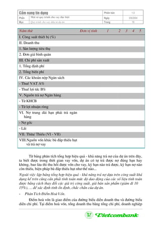 CÈm nang tÝn dông Phiªn b¶n 1.0
Mét sè quy tr×nh cho vay ®Æc biÖtPhÇn Ngµy 3/9/2004
Môc Quy tr×nh cho vay ®Çu t− dù ¸n: Trang 19
N¨m thø §¬n vÞ tÝnh 1 2 3 4 5
I. C«ng suÊt thiÕt bÞ (%)
II. Doanh thu
1. S¶n l−îng tiªu thô
2. §¬n gi¸ b×nh qu©n
III. Chi phÝ s¶n xuÊt
1. Tæng ®Þnh phÝ
2. Tæng biÕn phÝ
IV. C¸c kho¶n nép Ng©n s¸ch
- ThuÕ VAT A%
- ThuÕ lîi tøc B%
V. Nguån tr¶ nî Ng©n hµng
- Tõ KHCB
- Tõ lîi nhuËn rßng
VI. Nî trung dµi h¹n ph¶i tr¶ ng©n
hµng
- Nî gèc
- L·i
VII. Thõa/ ThiÕu (VI - VII)
VIII.Nguån vèn kh¸c bï ®¾p thiÕu hôt
vµ tr¶ nî vay
Tõ b¶ng ph©n tÝch tæng hîp hiÖu qu¶ - kh¶ n¨ng tr¶ nî cña dù ¸n trªn ®©y,
ta biÕt ®−îc trong thêi gian vay vèn, dù ¸n cã tù tr¶ ®−îc nî ®óng h¹n hay
kh«ng, bao l©u th× thu håi ®−îc vèn cho vay, kú h¹n nµo tr¶ ®−îc, kú h¹n nî nµo
cßn thiÕu, biÖn ph¸p bï ®¾p thiÕu hôt nh− thÕ nµo...
Ngoµi viÖc lËp b¶ng tæng hîp hiÖu qu¶ - kh¶ n¨ng tr¶ nî dùa trªn c«ng suÊt kh¶
dông kÓ trªn còng cÇn ph¶i tÝnh to¸n møc ®é dao ®éng cña c¸c sè liÖu tÝnh to¸n
®−îc b»ng c¸ch thay ®æi c¸c gi¸ trÞ c«ng suÊt, gi¸ b¸n s¶n phÈm (gi¶m ®i 10
15%), ... ®Ó x¸c ®Þnh tÝnh æn ®Þnh, ch¾c ch¾n cña dù ¸n.
- Ph©n TÝch §iÓm Hoµ Vèn.
§iÓm hoµ vèn lµ giao ®iÓm cña ®−êng biÓu diÔn doanh thu vµ ®−êng biÓu
diÔn chi phÝ. T¹i ®iÓm hoµ vèn, tæng doanh thu b»ng tæng chi phÝ, doanh nghiÖp
 