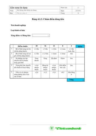CÈm nang tÝn dông Phiªn b¶n 1.0
PhÇn HÖ thèng tÝnh ®iÓm tÝn dông Ngµy 3/9/2004
Môc Phô lôc phÇn 4 Trang 18
B¶ng 4.1.3. ChÊm ®iÓm dßng tiÒn
Tªn doanh nghiÖp
Lo¹i h×nh së h÷u
Tæng ®iÓm vÒ Dßng tiÒn -
Ñieåm chuaån 20 16 12 8 4 §iÓm
1 Heä soá khaû naêng traû laõi
(töø thu nhaäp thuaàn)
> 4 laàn > 3 laàn > 2 laàn > 1 time < 1 laàn
hoaëc Aâm
2 Heä soá khaû naêng traû nôï
goác (töø thu nhaäp thuaàn)
> 2 laàn > 1,5 laàn > 1time < 1time Aâm
3 Xu höôùng cuûa löu
chuyeån tieàn teä thuaàn
trong quaù khöù
Taêng
nhanh
Taêng Oån ñònh Giaûm Aâm
4 Traïng thaùi löu chuyeån
tieàn thuaàn töø hoaït ñoäng
> Lôïi
nhuaän
thuaàn
Baèng lôïi
nhuaän
thuaàn
< Lôïi
nhuaän
thuaàn
Gaàn ñieåm
hoaø voán
Aâm
5 Tieàn vaø caùc khoaûn
töông ñöông tieàn/ Voán
chuû sôû höõu
>2,0 >1,5 >1,0 >0,5 Gaàn baèng
0
Tæng 0
 