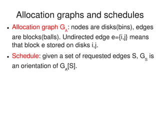    
Allocation graphs and schedules
● Allocation graph GA
: nodes are disks(bins), edges 
are blocks(balls). Undirected edge e={i,j} means 
that block e stored on disks i,j.
● Schedule: given a set of requested edges S, GS
 is 
an orientation of GA
[S].
 