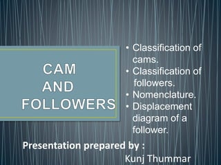 • Classification of
cams.
• Classification of
followers.
• Nomenclature.
• Displacement
diagram of a
follower.
Presentation prepared by :
Kunj Thummar
 