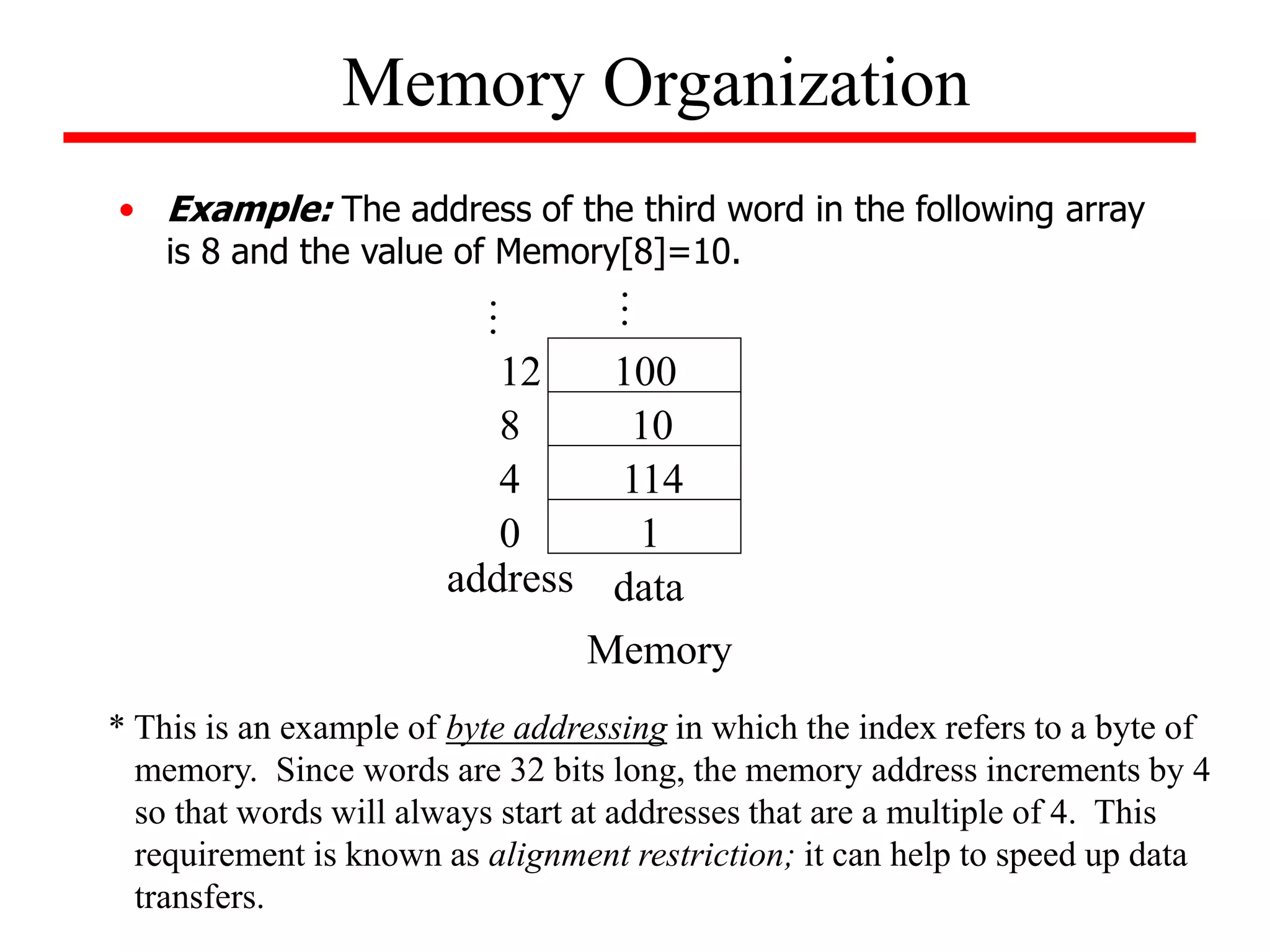 • Example: The address of the third word in the following array
is 8 and the value of Memory[8]=10.
Memory Organization
1
114
10
100
0
4
8
12
address data
Memory
* This is an example of byte addressing in which the index refers to a byte of
memory. Since words are 32 bits long, the memory address increments by 4
so that words will always start at addresses that are a multiple of 4. This
requirement is known as alignment restriction; it can help to speed up data
transfers.
 