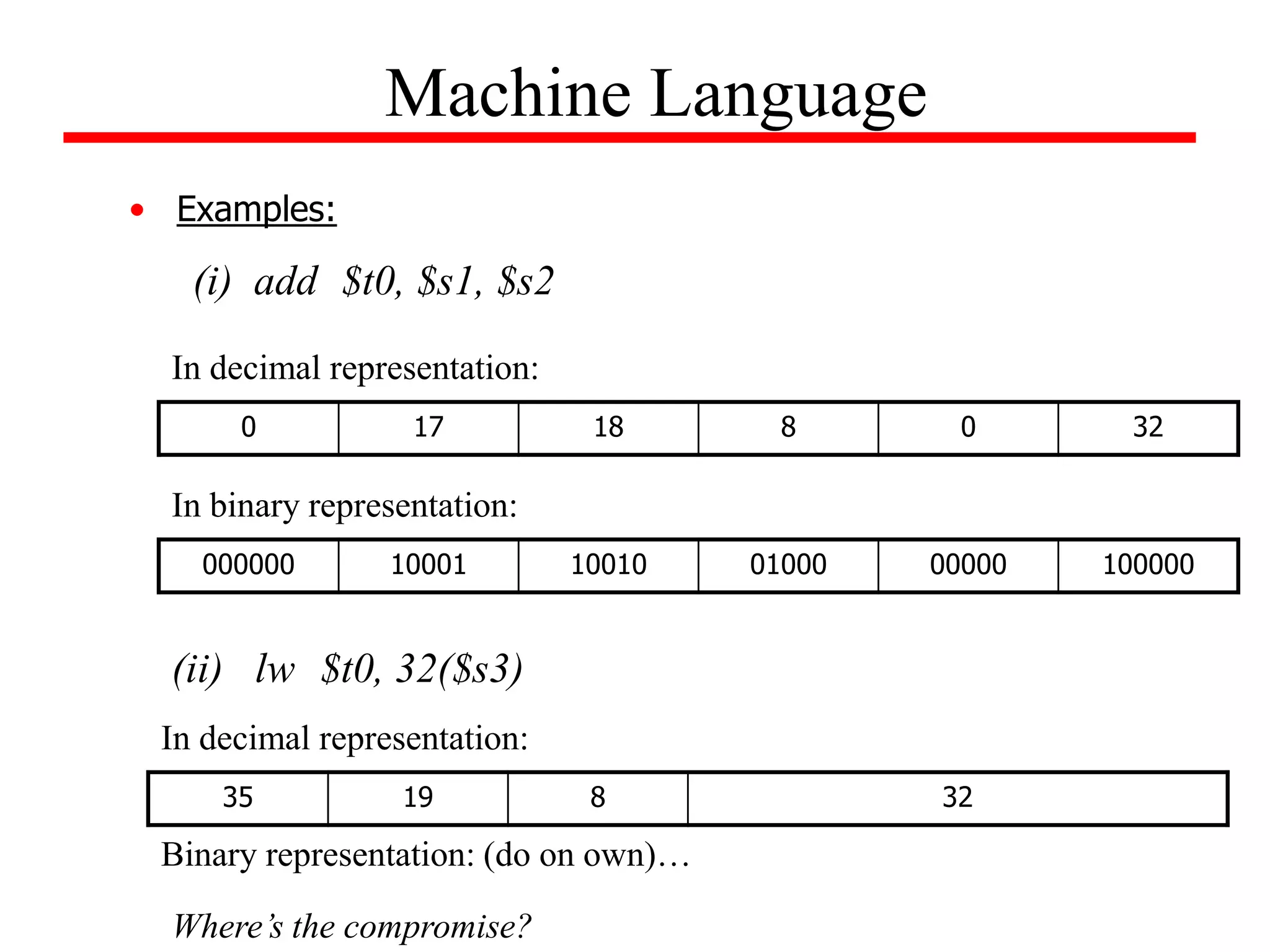 • Examples:
Machine Language
0 17 18 8 0 32
(i) add $t0, $s1, $s2
35 19 8 32
In decimal representation:
000000 10001 10010 01000 00000 100000
In binary representation:
(ii) lw $t0, 32($s3)
Binary representation: (do on own)…
In decimal representation:
Where’s the compromise?
 