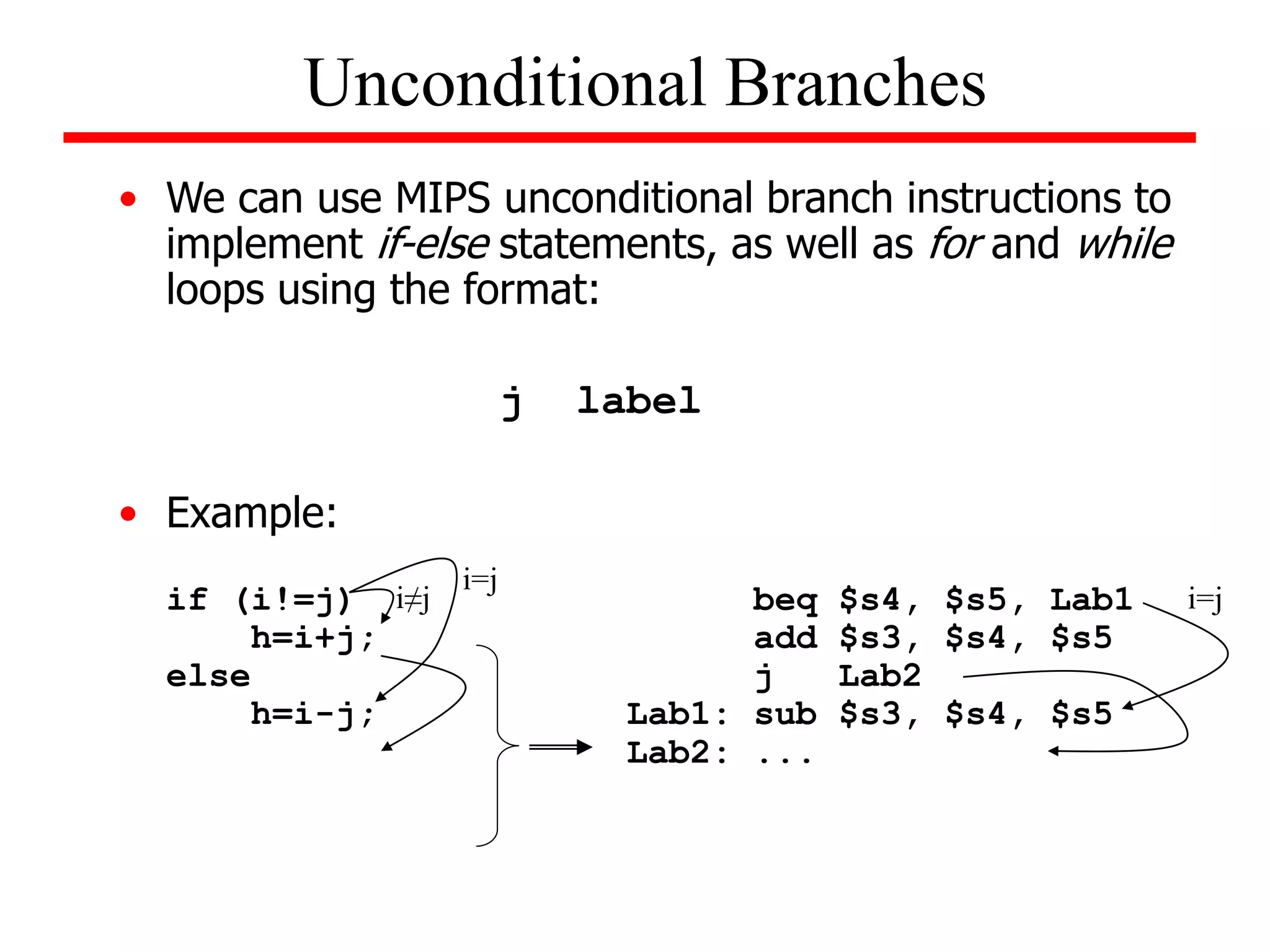 • We can use MIPS unconditional branch instructions to
implement if-else statements, as well as for and while
loops using the format:
j label
• Example:
if (i!=j) beq $s4, $s5, Lab1
h=i+j; add $s3, $s4, $s5
else j Lab2
h=i-j; Lab1: sub $s3, $s4, $s5
Lab2: ...
Unconditional Branches
i≠j
i=j
i=j
 