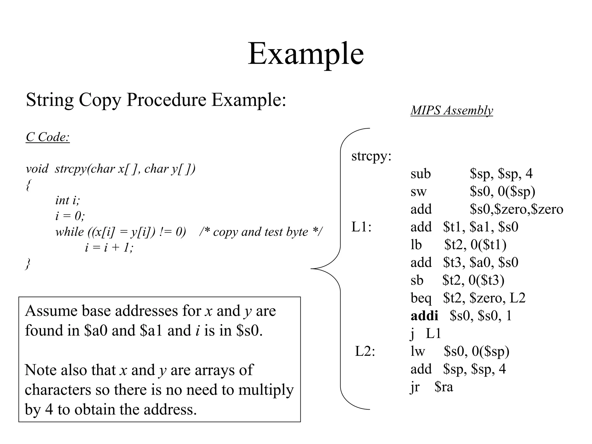 Example
String Copy Procedure Example:
C Code:
void strcpy(char x[ ], char y[ ])
{
int i;
i = 0;
while ((x[i] = y[i]) != 0) /* copy and test byte */
i = i + 1;
}
strcpy:
sub $sp, $sp, 4
sw $s0, 0($sp)
add $s0,$zero,$zero
L1: add $t1, $a1, $s0
lb $t2, 0($t1)
add $t3, $a0, $s0
sb $t2, 0($t3)
beq $t2, $zero, L2
addi $s0, $s0, 1
j L1
L2: lw $s0, 0($sp)
add $sp, $sp, 4
jr $ra
MIPS Assembly
Assume base addresses for x and y are
found in $a0 and $a1 and i is in $s0.
Note also that x and y are arrays of
characters so there is no need to multiply
by 4 to obtain the address.
 