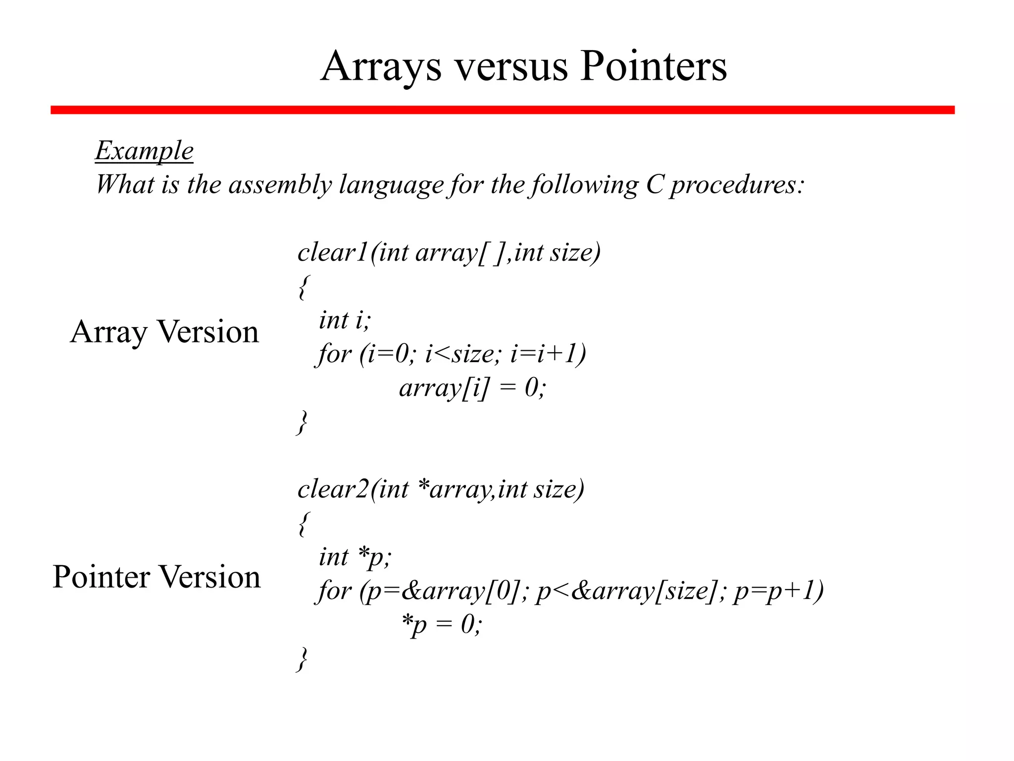 Arrays versus Pointers
Example
What is the assembly language for the following C procedures:
clear1(int array[ ],int size)
{
int i;
for (i=0; i<size; i=i+1)
array[i] = 0;
}
clear2(int *array,int size)
{
int *p;
for (p=&array[0]; p<&array[size]; p=p+1)
*p = 0;
}
Array Version
Pointer Version
 