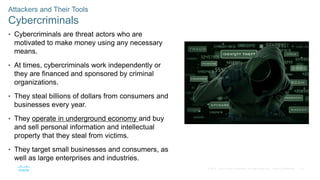 12
© 2016 Cisco and/or its affiliates. All rights reserved. Cisco Confidential
Attackers and Their Tools
Cybercriminals
• Cybercriminals are threat actors who are
motivated to make money using any necessary
means.
• At times, cybercriminals work independently or
they are financed and sponsored by criminal
organizations.
• They steal billions of dollars from consumers and
businesses every year.
• They operate in underground economy and buy
and sell personal information and intellectual
property that they steal from victims.
• They target small businesses and consumers, as
well as large enterprises and industries.
 