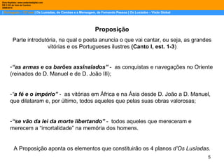 |  Português – 12º ano  | Os Lusíadas, de Camões e a Mensagem, de Fernando Pessoa |  Os Lusíadas  – Visão Global Dina Baptista | www.sebentadigital.com EB 2,3/S de Vale de Cambra 2009\2010 Proposição Parte introdutória, na qual o poeta anuncia o que vai cantar, ou seja,   as grandes vitórias e os Portugueses ilustres  (Canto I, est. 1-3 ) “ as armas e os barões assinalados”  -  as conquistas e navegações no Oriente (reinados de D. Manuel e de D. João III);  “ a fé e o império”  -  as vitórias em África e na Ásia desde D. João a D. Manuel, que dilataram e, por último, todos aqueles que pelas suas obras valorosas;  “ se vão da lei da morte libertando”  -  todos aqueles que mereceram e merecem a “imortalidade” na memória dos homens. A Proposição aponta os elementos que constituirão os 4 planos  d’Os Lusíadas. 