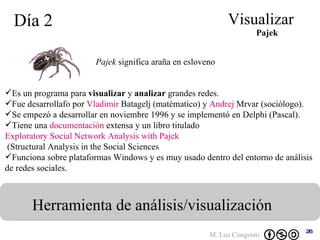 Día 2 Visualizar Herramienta de análisis/visualización Pajek Es un programa para  visualizar  y  analizar  grandes redes. Fue desarrollafo por  Vladimir  Batagelj  (matématico) y  Andrej  Mrvar  (sociólogo).  Se empezó a desarrollar en noviembre 1996 y se implementó en Delphi (Pascal).  Tiene una  documentación  extensa y un libro titulado  Exploratory Social Network Analysis with  Pajek  (Structural Analysis in the Social Sciences   Funciona sobre plataformas Windows y es muy usado dentro del entorno de análisis de redes sociales.  Pajek  significa araña en esloveno 