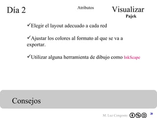 Día 2 Visualizar Consejos Atributos Elegir el layout adecuado a cada red Ajustar los colores al formato al que se va a exportar. Utilizar alguna herramienta de dibujo como  InkScape   Pajek 