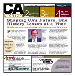 CA2
MONTHLY
       Shaping CA’s Future, One
                                                        A Publication of the Columbia Association



                                                                    Healthy Howard
                                                                    and
                                                                    KidsDay fun                       3               Tee time Q&A
                                                                                                                      with
                                                                                                                      Eddie Stup                    4
                                                                                                                                                       JUNE        2009

                                                                                                                                                                     Be a part
                                                                                                                                                                     of your
                                                                                                                                                                     community
                                                                                                                                                                     events




       History Lesson at a Time
       Phil Nelson learns from history to help prepare for CA’s future
        By Ashlea Lebo                                                                                      of experience      Columbia’s and CA’s dedication to celebrating diversity.


        P        hil Nelson’s favorite ‘philosopher’ is one                                                 in planning,           Much of Phil Nelson’s life has been shaped by
                 he fondly calls P. E. Sailor: “I am what I                                                 finance,           the Civil War. Not only is it his favorite part of
                 am,” he says with a smile,                                                                 budgeting          American history, but Nelson also uses it as an
       explaining Popeye’s advice is something he can’t                                                     and strategic      illustration to demonstrate a difficult management
       help but follow. But don’t let Nelson’s amiable                                                      planning,          principle: how to make two “grossly divergent” sides work
       nature and relaxed demeanor fool you. Beneath                                                        Nelson             together. And in a time of “economic challenges and
           the laid back flair lies a man that is bound and                                                 comes to           changing demographics”—both of which are present in
                      determined to enhance Columbia’s                                                      Columbia           Nelson’s current and past city—the biggest challenge will
                          existing splendor, just as he did                                                 prepared to        be finding solutions that everyone can agree on.
                             in his last city: Troy, Michigan.                                              “learn from            Just as the Civil War ended in a better, more united
Forbes Magazine                 That mindset, to better the                                                 the past to        nation, there is great opportunity for CA to improve
  recently ranked                 world and the people            New CA President Phil Nelson             prepare for the     under the experience and intuition of Phil Nelson. His
Columbia #7 on its                 around him, has been          future.” His plans for CA include finding out more            management theories are valuable and relevant; his
                                   with him since college.       about the community and working with the Board to             determination to CA’s mission –“to improve the quality of
 list of “America’s
                                      His dreams of              “develop their goals…to fit the resources Columbia            life for people living or working in Columbia”– is evident;
  Top 25 Towns to                   becoming a history           has and needs” to plan for the future.                        and his calm urgency to prepare for the future is
     Live Well.”                  teacher were cut short by a       Nelson says what attracted him to Columbia was             contagious. Nelson is the kind of person who “fits
  Congratulations,               restricting teaching style;     the “basic premise” that started it; the “mission that it’s   himself into the community” instead of forming the com-
                              however, the change in major       here for everyone.” Coming from Troy, a city that was         munity around himself. He has a vision for Columbia. And
      Columbia!
                           did allow him to pursue a career      ranked the second most diverse in the state, with “83         with the support of CA and all Columbia residents, he
                       in the public sector. With 38 years       dialects spoken in the schools,” Nelson embraces both         will, indeed, carry this vision forward. ■


                                                                                  TA K E N O T E
           webextras
           Log on to www.CAmonthly.org for this month’s
           additional features and more:
                                                                               this month on        Columbia                                             Columbia Matters airs Mondays at 11am,
           • Expanded village events calendar
           • Village election results
                                                                                                      Matters
                                                                               On June’s show find out about the benefits
                                                                                                                                                       4pm and 7pm and Saturdays at 8:30pm on
                                                                                                                                                      Comcast channel 96 and Verizon channel 41;
           • Nutrition Q&A: Eat your fruits                                                                                                          Tuesdays and Thursdays at 10am, 2pm and 7pm
                                                                               of water aerobics; learn the history                                 on Comcast channel 98; and Fridays at 11am,
             and veggies
           • Nutrition Q&A: How much meat                                      of The Kings Contrivance restaurant;                                4pm and 9pm and Saturdays and Sundays at
             for great nutrition                                               watch as the “Kids on TV” hosts                                    10:30am on Comcast channel 99 and Verizon
           • Spirit of Columbia Scholarship Winners                            discuss The First Tee of Howard                                  channel 44.
           • Bugs Bunny on Broadway contest and                                County; meet CA’s new president,                                Visit www.ColumbiaMatters.org to watch
             raffle                                                            Phil Nelson; and much more.                                    this month’s episode on demand.


                                                                                                                                                                             CA MONTHLY 1
 