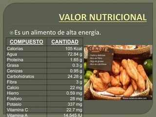 Es un alimento de alta energía.
COMPUESTO CANTIDAD
Calorías 105 Kcal
Agua 72.84 g
Proteína 1.65 g
Grasa 0.3 g
Cenizas 0.95 g
Carbohidratos 24.28 g
Fibra 3 g
Calcio 22 mg
Hierro 0.59 mg
Fosforo 28 mg
Potasio 337 mg
Vitamina C 22.7 mg
Vitamina A 14.545 IU
 