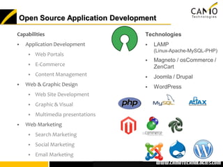 Open Source Application Development

Capabilities                        Technologies
   Application Development             LAMP
                                         (Linux-Apache-MySQL-PHP)
        Web Portals
                                        Magneto / osCommerce /
        E-Commerce                      ZenCart
        Content Management             Joomla / Drupal
   Web & Graphic Design                WordPress
        Web Site Development
        Graphic & Visual
        Multimedia presentations
   Web Marketing
        Search Marketing
        Social Marketing
        Email Marketing
                                        www.camotechnolo
                                         www.camotechnologies.com
 