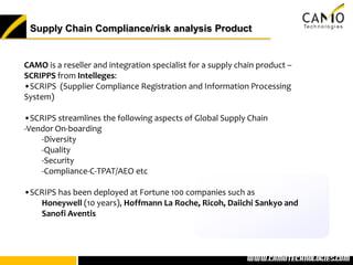 Supply Chain Compliance/risk analysis Product


CAMO is a reseller and integration specialist for a supply chain product –
SCRIPPS from Intelleges:
•SCRIPS (Supplier Compliance Registration and Information Processing
System)

•SCRIPS streamlines the following aspects of Global Supply Chain
-Vendor On-boarding
    -Diversity
    -Quality
    -Security
    -Compliance-C-TPAT/AEO etc

•SCRIPS has been deployed at Fortune 100 companies such as
   Honeywell (10 years), Hoffmann La Roche, Ricoh, Daiichi Sankyo and
   Sanofi Aventis




                                                          www.camotechnolo
                                                           www.camotechnologies.com
 