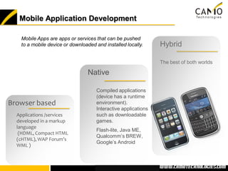 Mobile Application Development

    Mobile Apps are apps or services that can be pushed
    to a mobile device or downloaded and installed locally.       Hybrid

                                                                  The best of both worlds

                                  Native

                                     Compiled applications
                                     (device has a runtime
Browser based                        environment).
                                     Interactive applications
  Applications /services             such as downloadable
  developed in a markup              games.
  language
                                     Flash-lite, Java ME,
   (HDML, Compact HTML
                                     Qualcomm’s BREW,
  (cHTML), WAP Forum’s
                                     Google’s Android
  WML )



                                                                www.camotechnolo
                                                                 www.camotechnologies.com
 