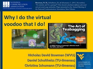 Nicholas David Bowman (WVU) Daniel Schultheiss (TU-Ilmenau) Christina Schumann (TU-Ilmenau) Why I do the virtual voodoo that I do! Bowman, N. D.,  Schultheiss, D., & Schumann, C. (2011, November).  “I’m attached, and I’m a good guy!&quot;: How character attachment influences (pro-social and anti-social) usage motivations.  Paper presented at the Annual Meeting of the National Communication Association, New Orleans.  
