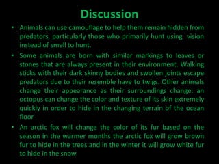 Discussion
• Animals can use camouflage to help them remain hidden from
  predators, particularly those who primarily hunt using vision
  instead of smell to hunt.
• Some animals are born with similar markings to leaves or
  stones that are always present in their environment. Walking
  sticks with their dark skinny bodies and swollen joints escape
  predators due to their resemble have to twigs. Other animals
  change their appearance as their surroundings change: an
  octopus can change the color and texture of its skin extremely
  quickly in order to hide in the changing terrain of the ocean
  floor
• An arctic fox will change the color of its fur based on the
  season in the warmer months the arctic fox will grow brown
  fur to hide in the trees and in the winter it will grow white fur
  to hide in the snow
 
