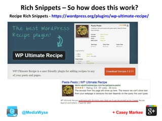 + Casey Markee
Rich Snippets – So how does this work?
@MediaWyse
Recipe Rich Snippets - https://wordpress.org/plugins/wp-ultimate-recipe/
 