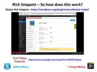 + Casey Markee
Rich Snippets – So how does this work?
@MediaWyse
Recipe Rich Snippets - https://wordpress.org/plugins/wp-ultimate-recipe/
https://www.youtube.com/watch?v=ePd2TFCw8aw
 