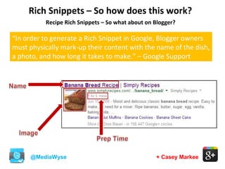 + Casey Markee
Rich Snippets – So how does this work?
@MediaWyse
Recipe Rich Snippets – So what about on Blogger?
“In order to generate a Rich Snippet in Google, Blogger owners
must physically mark-up their content with the name of the dish,
a photo, and how long it takes to make.” – Google Support
 