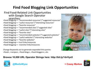 Find Food Blogging Link Opportunities
@MediaWyse + Casey Markee
Find Food-Related Link Opportunities
with Google Search Operator
searches:<food blogging> + “recommended resources”/”suggested resources”
<food blogging> + “useful resources”/”interesting resources”
<food blogging> + “favorite resources”
<food blogging> + “recommended sites”/”suggested sites”
<food blogging> + “useful sites”/”interesting sites”
<food blogging> + “favorite sites”
<food blogging> + “recommended websites”/”suggested websites”
<food blogging> + “useful websites”/”interesting websites”
<food blogging> + “favorite websites”
<food blogging> + inurl:links/resources
<food blogging> + inanchor:links/resources
Change Keywords out to generate expanded link queries:
<food>, <recipes>, <food blogs>, <food bloggers>, etc.
Browse 10,000 URL Operator Strings here: http://bit.ly/1dvVyx5
 