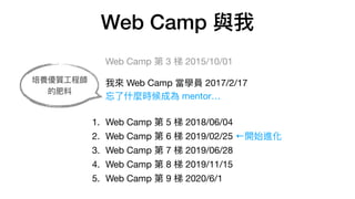 Web Camp 第 3 梯 2015/10/01

我來 Web Camp 當學員 2017/2/17 
忘了什麼時候成為 mentor…

1. Web Camp 第 5 梯 2018/06/04

2. Web Camp 第 6 梯 2019/02/25 ←開始進化

3. Web Camp 第 7 梯 2019/06/28

4. Web Camp 第 8 梯 2019/11/15

5. Web Camp 第 9 梯 2020/6/1
Web Camp 與我
培養優質⼯程師
的肥料
 