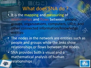 What does SNA do ? It is the  mapping  and  measuring  of  relationships  and  flows  between  people, groups, organizations, computers, URLs, and other connected information/knowledge entities .  The nodes in the network are entities such as people and groups while the links show relationships or flows between the nodes.  SNA provides both a visual and a mathematical analysis of human relationships  