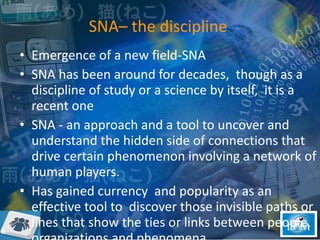 SNA– the discipline  Emergence of a new field-SNA SNA has been around for decades,  though as a discipline of study or a science by itself,  it is a recent one SNA - an approach and a tool to uncover and understand the hidden side of connections that drive certain phenomenon involving a network of human players.  Has gained currency  and popularity as an effective tool to  discover those invisible paths or lines that show the ties or links between people, organizations and phenomena  