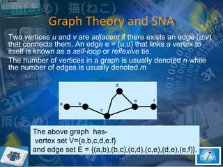 Graph Theory and SNA The above graph  has- vertex set V={a,b,c,d,e.f}  and edge set E = {(a,b),(b,c),(c,d),(c,e),(d,e),(e,f)}. Two vertices  u  and  v  are  adjacent  if there exists an edge ( u,v ) that connects them. An edge e = (u,u) that links a vertex to itself is known as a  self-loop  or  reflexive  tie.  The number of vertices in a graph is usually denoted  n  while the number of edges is usually denoted  m   