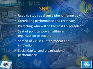 SNA … Used to study as diverse phenomenon as – Correlating performance and creativity  Predicting who will be the next US president Seat of political power within an organization or society  Spread of viruses , of terrorism and innovation Social Capital and organizational performance  