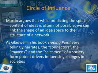 Circle of Influence  Martin argues that while predicting the specific content of ideas is often not possible, we can link the shape of an idea space to the structure of a network.  As Gladwell in his book  Tipping Point  very tellingly narrates, the “connectors”, the “mavens”, and the “salesmen” of a society form potent drivers influencing changes in societies 