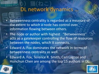 DL network dynamics … Betweenness centrality is regarded as a measure of the extent to which a node has control over information flowing between others.  The node or author with highest  “Betweenness” acts as a gatekeeper controlling the flow of resources between the nodes, which it connects.  Edward A. Fox dominates the network in terms of betweenness centrality as well.  Edward A. Fox, Terence R. Smith, Carl Lagoze and Hsinchun Chen are among the top 15 authors in DL.  
