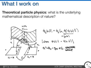 29
@ f l i p . t a n e d o UCR CAMP GENERAL MEETING
4
What I work on
Theoretical particle physics: what is the underlying
mathematical description of nature?
 