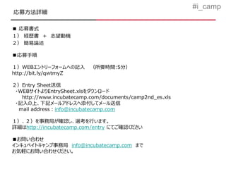 #i_camp
応募方法詳細

■ 応募書式
１） 経歴書 ＋ 志望動機
２） 簡易論述

■応募手順

１）WEBエントリーフォームへの記入         （所要時間:5分）
http://bit.ly/qwtmyZ

２）Entry Sheet送信
 ・WEBサイトよりEntrySheet.xlsをダウンロード
   http://www.incubatecamp.com/documents/camp2nd_es.xls
 ・記入の上、下記メールアドレスへ添付してメール送信
  mail address：info@incubatecamp.com

１）、２）を事務局が確認し、選考を行います。
詳細はhttp://incubatecamp.com/entry にてご確認ください

■お問い合わせ
インキュベイトキャンプ事務局 info@incubatecamp.com まで
お気軽にお問い合わせください。
 
