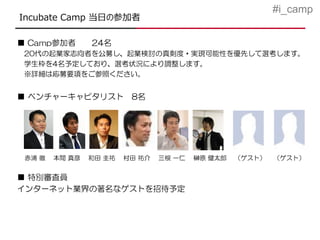 #i_camp
Incubate Camp 当日の参加者

■ Camp参加者       24名
 20代の起業家志向者を公募し、起業検討の真剣度・実現可能性を優先して選考します。
 学生枠を4名予定しており、選考状況により調整します。
 ※詳細は応募要項をご参照ください。


■ ベンチャーキャピタリスト           8名




 赤浦 徹   本間 真彦   和田 圭祐   村田 祐介   三根 一仁   榊原 健太郎   （ゲスト）   （ゲスト）


■ 特別審査員
インターネット業界の著名なゲストを招待予定
 