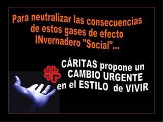CÁRITAS propone un CAMBIO URGENTE  en el ESTILO  de VIVIR Para neutralizar las consecuencias  de estos gases de efecto  INvernadero "Social"... 