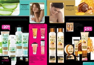 SECRETO VEGETAL
Aloe Vera
de México
SECRETO VEGETAL
SemillasyMiel
Altamente hidratante
con activos vegetales BIO
Con virtudes suavizantes,
hidratantes, reparadoras
y nutritivas
CULTURE BIO HIDRATACIÓN CULTURE BIO NUTRICIÓN
#23685 Crema
Facial Hidratante
Efecto Terciopelo
50 ml
$210
#21973 Leche
Corporal
Hidratante
200 ml
$189
#22540 Exfoliante
Corporal Suavidad
150 ml
De $209
A $165
Protege
y cuida
#20869
Desodorante
Roll On 50 ml
De $69
A $55
Hidrata
el cuerpo
#10736 Leche
Corporal Nutritiva
200 ml
De $189
A $149
#26314 Leche
Desmaquillante
Nutritiva 200 ml
De $180
A $139
#07555 Bálsamo
Labial Nutritivo
10 ml
De $120
A $95
Elimina el maquillaje
con suavidad
#13054 Crema Nutritiva
de Manos 50 ml
De $79
A $59
Suaviza
las manos
Humecta la piel
Repara los labios
#08976 Crema
Facial Nutritiva Piel
Seca a muy Seca
50 ml
$210
Nutre y protege
el rostro
Hidrata
el rostro
Exfolia
naturalmente
#943399 Coffret
corporal y manos Contiene:
1 Leche Corporal Nutritiva
200 ml y 1 Crema Nutritiva de
Manos 50 ml
De $219
A $175
60
25%+20%
ESPECÍFICOS 6160
FRUITILYCIOUS
D. #20406 Agua
Facial en Spray
Vigorizante 50 ml
De $90
A $69
A. #23147 Exfoliante Facial
Suave Durazno 50 ml
B. #30396 Mascarilla
Facial Efecto Hielo 50 ml
C. #23526 Gel Facial Suave
Hidratante Melocotón 50 ml
De $80 c/u
A $59c/u
Refresca con
Arándanos
Exfolia con
Durazno
Hidrata
con Toronja
Suaviza
con Melocotón
A B
C D
 