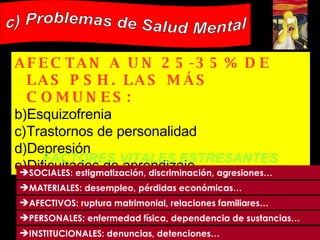 c) Problemas de Salud Mental AFECTAN A UN 25-35% DE LAS PSH. LAS MÁS COMUNES:   Esquizofrenia Trastornos de personalidad Depresión Dificultades de aprendizaje FACTORES VITALES ESTRESANTES SOCIALES: estigmatización, discriminación, agresiones… MATERIALES: desempleo, pérdidas económicas… AFECTIVOS: ruptura matrimonial, relaciones familiares… PERSONALES: enfermedad física, dependencia de sustancias… INSTITUCIONALES: denuncias, detenciones… 