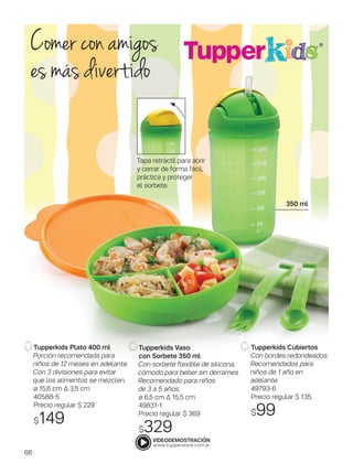 Comer con amigos
es más divertido
Tupperkids Vaso
con Sorbete 350 ml
Con sorbete flexible de silicona,
cómodo para beber sin derrames.
Recomendado para niños
de 3 a 5 años.
ø 6,5 cm ∆ 15,5 cm
49831-1
Precio regular $ 369
$329
Tapa retráctil para abrir
y cerrar de forma fácil,
práctica y proteger
el sorbete.
Tupperkids Cubiertos
Con bordes redondeados.
Recomendados para
niños de 1 año en
adelante.
49793-6
Precio regular $ 135
$99
Tupperkids Plato 400 ml
Porción recomendada para
niños de 12 meses en adelante.
Con 3 divisiones para evitar
que los alimentos se mezclen.
ø 15,6 cm ∆ 3,5 cm
40588-5
Precio regular $ 229
$149
350 ml
66
 