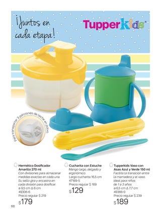 Hermético Dosificador
Amarillo 270 ml
Con divisiones para almacenar
medidas exactas en cada una.
Su sello gira y encastra en
cada división para dosificar.
ø 9,5 cm ∆ 6 cm
49306-6
Precio regular $ 219
$179
Paratransportar
3
porciones de lec
heenpolvo.
Tupperkids Vaso con
Asas Azul y Verde 150 ml
Facilita la transición entre
la mamadera y el vaso.
Ideal para niños
de 1 a 3 años.
ø 6,5 cm ∆ 7,7 cm
49366-0
Precio regular $ 239
$189
Cucharita con Estuche
Mango largo, delgado y
ergonómico.
Largo cucharita 16,5 cm
47169-5
Precio regular $ 169
$129
¡Juntos en
cada etapa!
68
 