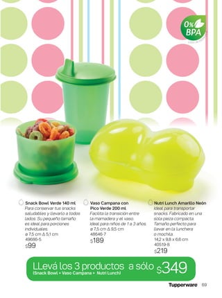Libre de Bisf
enol-A
Vaso Campana con
Pico Verde 200 ml
Facilita la transición entre
la mamadera y el vaso.
Ideal para niños de 1 a 3 años.
ø 7,5 cm ∆ 9,5 cm
48646-7
$189
Snack Bowl Verde 140 ml
Para conservar tus snacks
saludables y llevarlo a todos
lados. Su pequeño tamaño
es ideal para porciones
individuales.
ø 7,5 cm ∆ 5,1 cm
49686-5
$99
Nutri Lunch Amarillo Neón
Ideal para transportar
snacks. Fabricado en una
sola pieza compacta.
Tamaño perfecto para
llevar en la lunchera
o mochila.
14,2 x 9,8 x 6,6 cm
40519-8
$219
LLevá los 3 productos a sólo $349(Snack Bowl + Vaso Campana + Nutri Lunch)
69
 