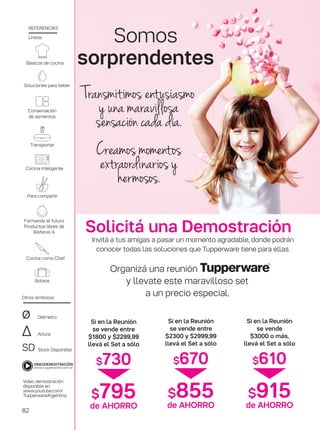 Si en la Reunión
se vende entre
$1800 y $2299,99
llevá el Set a sólo
$730
$795de AHORRO
Si en la Reunión
se vende entre
$2300 y $2999,99
llevá el Set a sólo
$670
$855de AHORRO
Si en la Reunión
se vende
$3000 o más,
llevá el Set a sólo
$610
$915de AHORRO
Invitá a tus amigas a pasar un momento agradable, donde podrán
conocer todas las soluciones que Tupperware tiene para ellas.
Organizá una reunión
y llevate este maravilloso set
a un precio especial.
Solicitá una Demostración
Básicos de cocina
de alimentos
Conservación
Cocina inteligente
Para compartir
Formando el futuro
Diámetro
Altura
Stock Disponible
Otros símbolos
SD
∆
ø
Líneas
REFERENCIAS
Video demostración
disponible en
www.youtube.com/
TupperwareArgentina
Cocina como Chef
Bolsos
Transportar
Soluciones para beber
Productos libres de
Bisfenol A
Somos
sorprendentes
Transmitimos entusiasmo
y una maravillosa
sensación cada día.
Creamos momentos
extraordinarios y
hermosos.
82
 