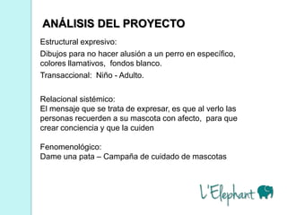 ANÁLISIS DEL PROYECTO
Estructural expresivo:
Dibujos para no hacer alusión a un perro en específico,
colores llamativos, fondos blanco.
Transaccional: Niño - Adulto.

Relacional sistémico:
El mensaje que se trata de expresar, es que al verlo las
personas recuerden a su mascota con afecto, para que
crear conciencia y que la cuiden

Fenomenológico:
Dame una pata – Campaña de cuidado de mascotas
 