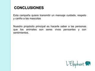 CONCLUSIONES
Esta campaña quiere transmitir un mensaje cuidado, respeto
y cariño a las mascotas

Nuestro propósito principal es hacerle saber a las personas
que los animales son seres vivos pensantes y con
sentimientos.
 