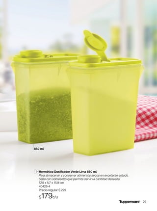 Hermético Dosificador Verde Lima 850 ml
Para almacenar y conservar alimentos secos en excelente estado.
Sello con sobresello que permite servir la cantidad deseada.
12,9 x 5,7 x 15,9 cm
40428-4
Precio regular $ 229
$179c/u
850 ml
29
 