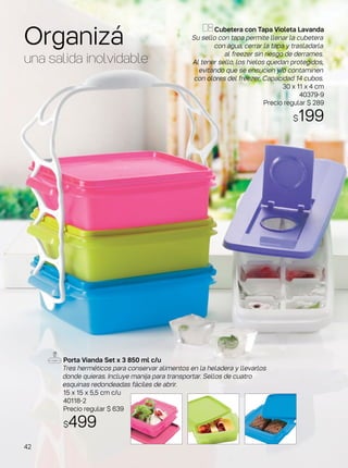 Organizá
una salida inolvidable
Cubetera con Tapa Violeta Lavanda
Su sello con tapa permite llenar la cubetera
con agua, cerrar la tapa y trasladarla
al freezer sin riesgo de derrames.
Al tener sello, los hielos quedan protegidos,
evitando que se ensucien y/o contaminen
con olores del freezer. Capacidad 14 cubos.
30 x 11 x 4 cm
40379-9
Precio regular $ 289
$199
Porta Vianda Set x 3 850 ml c/u
Tres herméticos para conservar alimentos en la heladera y llevarlos
donde quieras. Incluye manija para transportar. Sellos de cuatro
esquinas redondeadas fáciles de abrir.
15 x 15 x 5,5 cm c/u
40118-2
Precio regular $ 639
$499
42
 