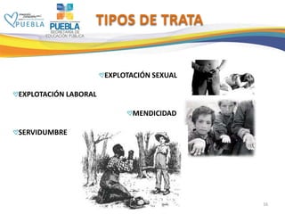 16
TIPOS DE TRATA
EXPLOTACIÓN SEXUAL
EXPLOTACIÓN LABORAL
MENDICIDAD
SERVIDUMBRE
 