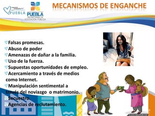 MECANISMOS DE ENGANCHE



 Falsas promesas.
 Abuso de poder
 Amenazas de dañar a la familia.
 Uso de la fuerza.
 Supuestas...
