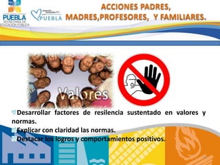 ACCIONES PADRES,
                MADRES,PROFESORES, Y FAMILIARES.




 Desarrollar factores de resilencia sustentado en va...