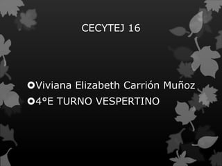 CECYTEJ 16
Viviana Elizabeth Carrión Muñoz
4°E TURNO VESPERTINO